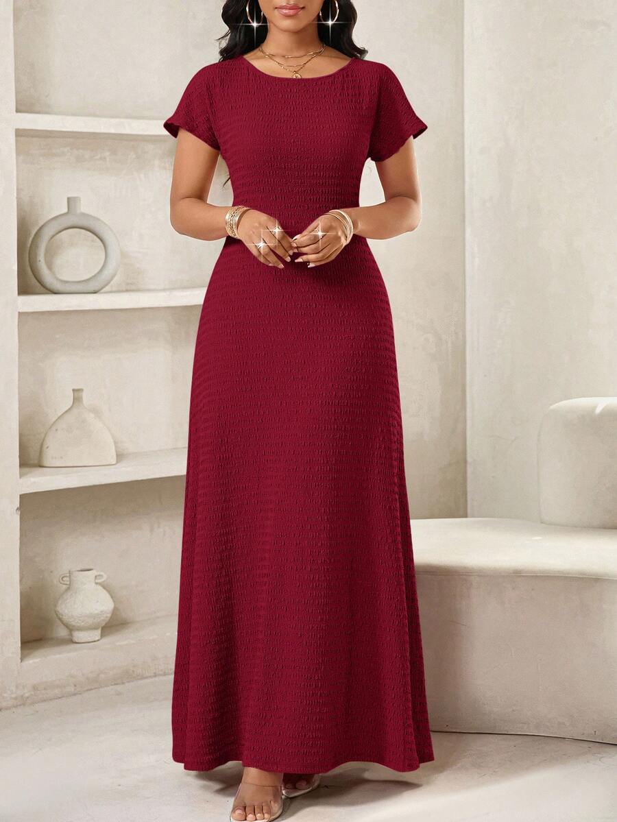 SHEIN Lady Váy dài nữ mùa hè thiết kế cao cấp vải dệt kim jacquard họa tiết thiết kế ngách eo thanh lịch - Màu Đỏ Sâu - Xem 1