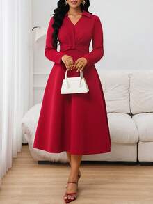 SHEIN Lady Elegant Commuter Solid Color Waist Cinched Burgundy Dress - Burgundy - View 7