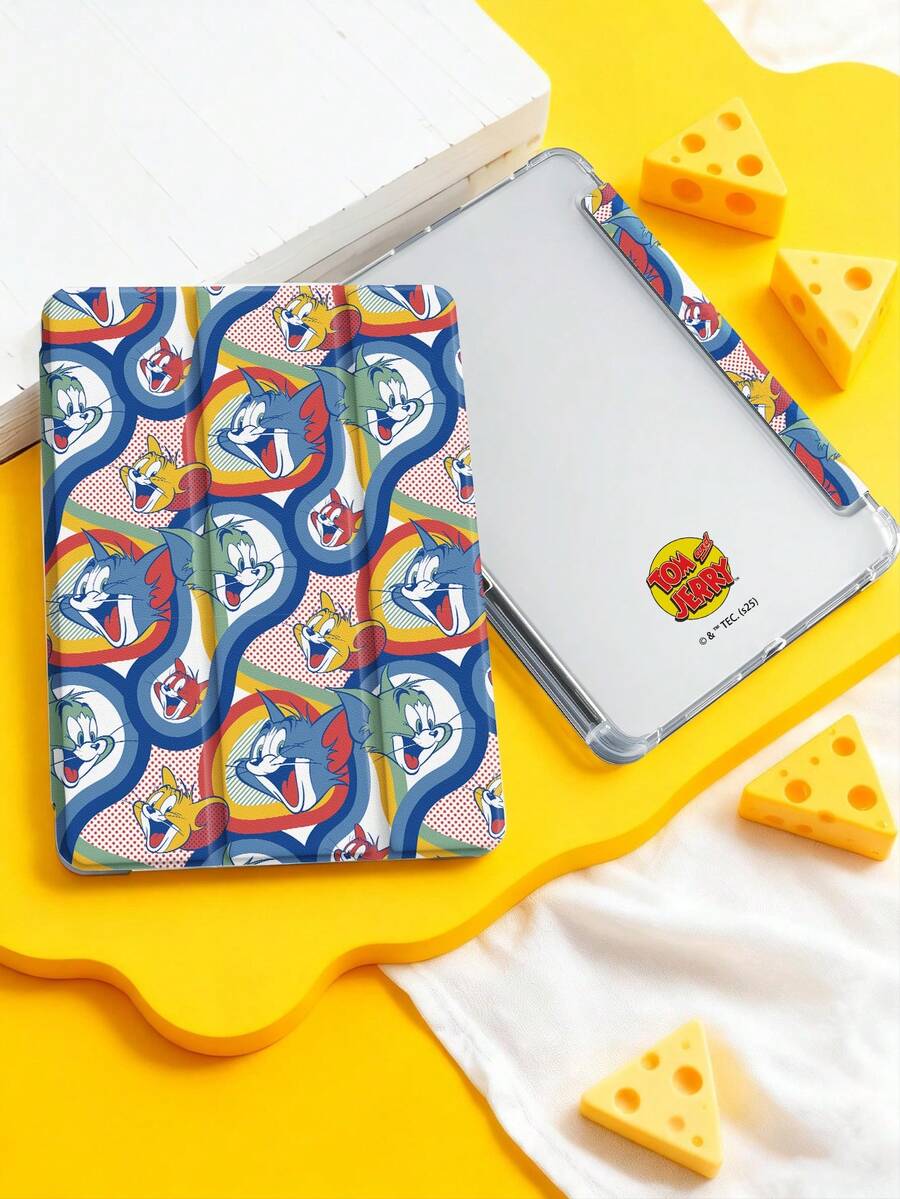 Tom and Jerry Artist x SHEIN 1个可爱卡通iPad保护套，高端质感，柔软防摔硅胶材质，带折叠支架，完美礼物。兼容iPad 10代/iPad 9代（10.2英寸）/iPad Air 5/Air 4（10.9英寸）、iPad（A16）11英寸11代（2025年款），带笔槽，支持自动睡眠/唤醒功能，时尚保护套 - 彩色 - 查看 1