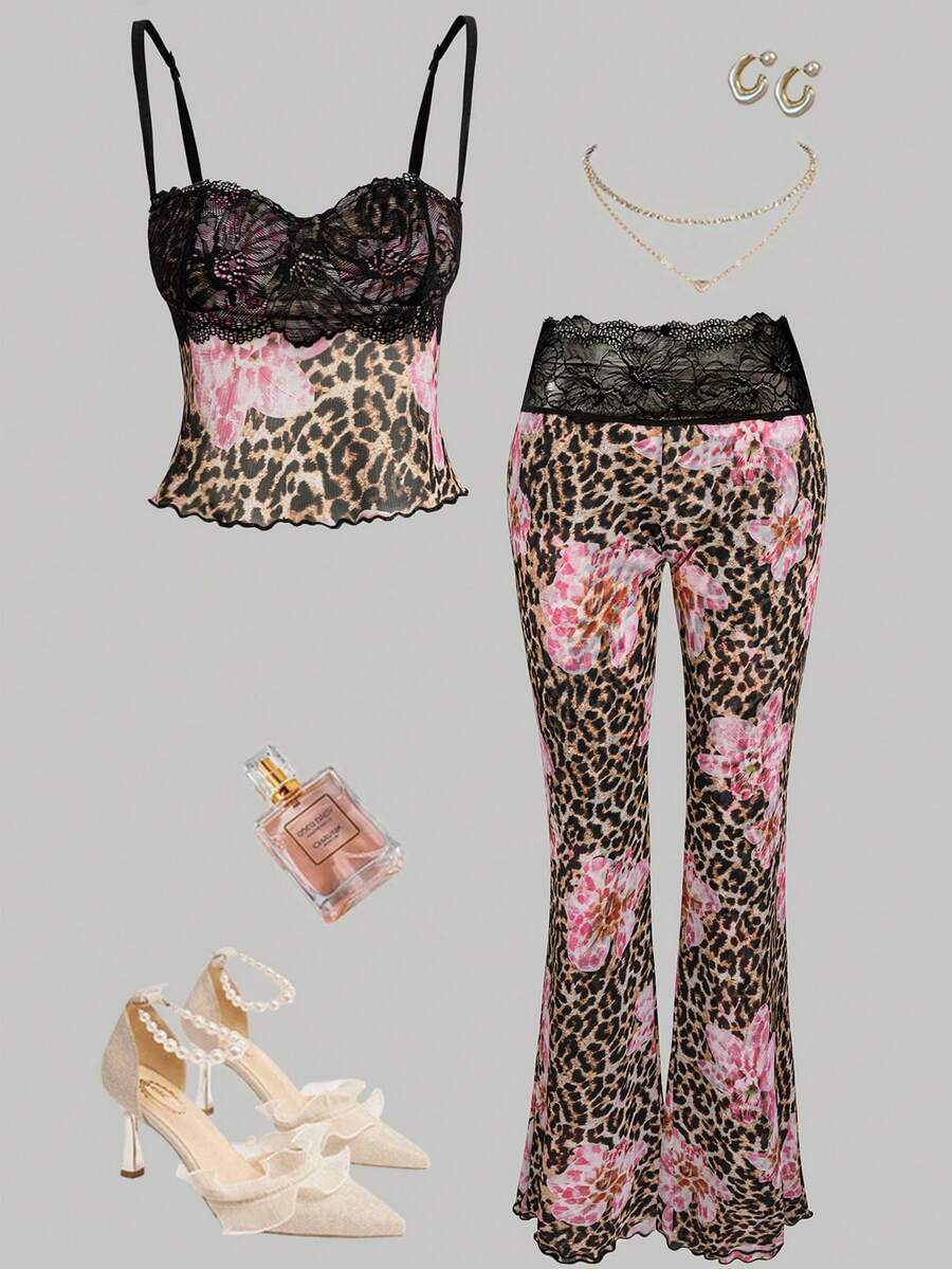 INAWLY Women's Leopard Print Contrast Lace Spaghetti Strap Long Pants, Spring New Arrival - Multicolor - View 1