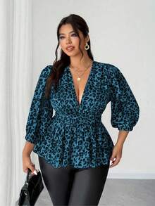 Elenzga Women's Elegant Leopard Print Blue V-Neck Fitted A-Line Three-Quarter Sleeve Plus Size Shirt, Suitable For Everyday Wear, Parties, New Year's, Christmas, Holidays, And Valentine's Day. - Blue - View 6