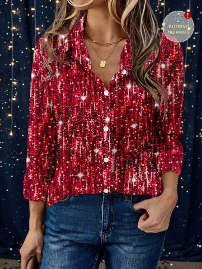 EMERY ROSE Casual Minimalist Faux Sequins Sequins Flat Print Pattern Women Long Sleeve Shirt, Suitable For New Year, Autumn/Winter, New Year's Eve Party, Family Gathering, Matching Family/Couples/Sisters New Year Party