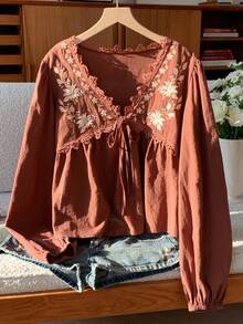 Comfortcana Women's Floral Embroidery Contrast Lace V-Neck Front Tie Long Sleeve Casual Blouse   Winter Clothes  Christmas   New Year Elegant Casual  Y2K Brown Red Flower  Embroidery Shirts - Rust Brown - View 5