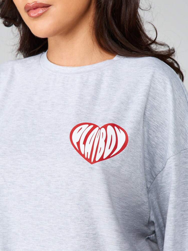 Missguided x Playboy Oversized Heart Print Sleep Dress Short Sleeve Crew Neck Loungewear Nightgown Comfort Mini Dress Sleepwear