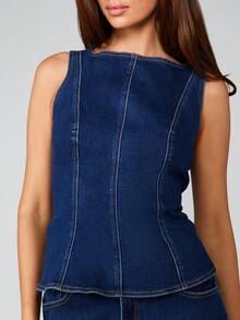 MISSGUIDED Sleeveless Denim Peplum Top With Structured Hem Detail And Contrast Stitching For Casual Chic Style - Blue - View 6
