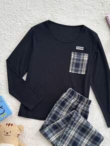 SHEIN 大童U领装饰长袖上衣和印花裤子睡衣套装 - 彩色 - 查看 3