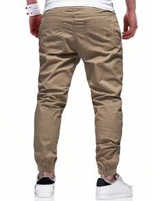 Manfinity Homme 宽松男士口袋贴片抽绳腰斜插口袋裤 - 卡其色 - 查看 2