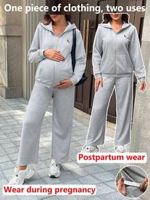 SHEIN 2pcs Maternity Set: Long Sleeve Hooded Jacket With Pocket & Embroidery, Loose Fit Wide Leg Pants - Grey - View 1