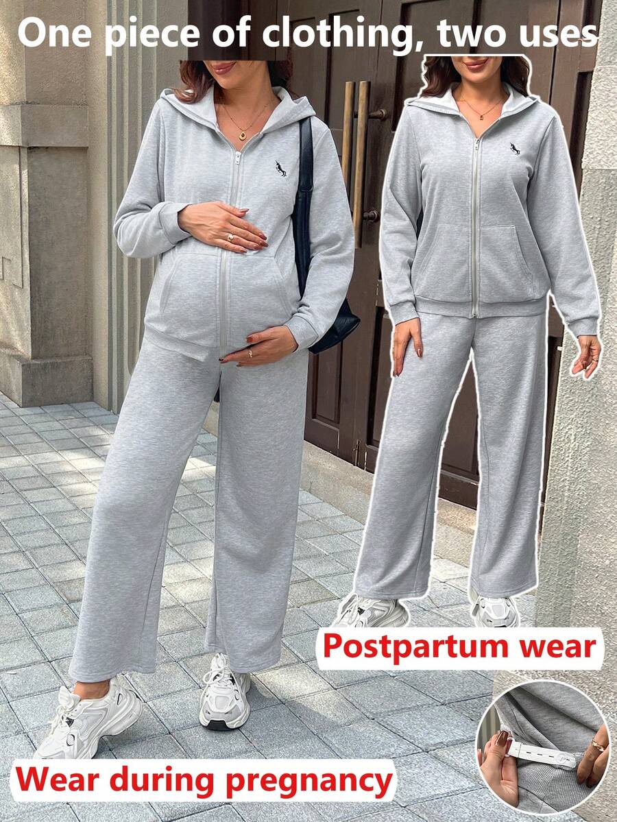 SHEIN 2pcs Maternity Set: Long Sleeve Hooded Jacket With Pocket & Embroidery, Loose Fit Wide Leg Pants - Grey - View 1