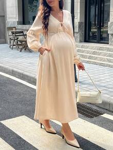 GentleRue Maternity Maternity Long Sleeve Deep V-Neck Tie Front Bow A-Line Dress - Apricot - View 2