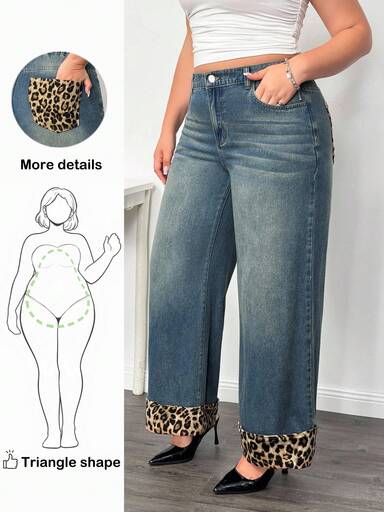 Truni Jeans de pierna ancha con patrón de leopardo no elástico y costura de contraste para mujer de talla grande, para otoño/invierno