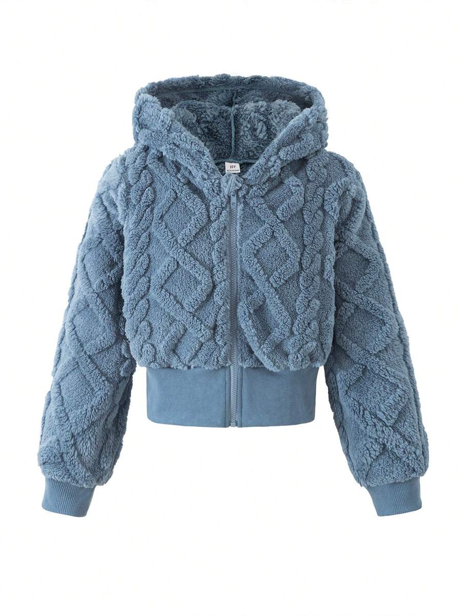 Sparklyn 1 Áo khoác cardigan ngắn có mũ trùm đầu kéo khóa cho bé gái, vải dệt kim họa tiết, mùa thu - Màu xanh lam - Xem 1