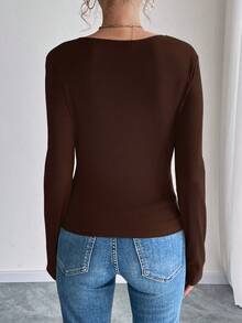 LanaWest Áo thun nữ cổ tròn tay dài màu trơn dáng ôm thường ngày - màu nâu - Xem 2