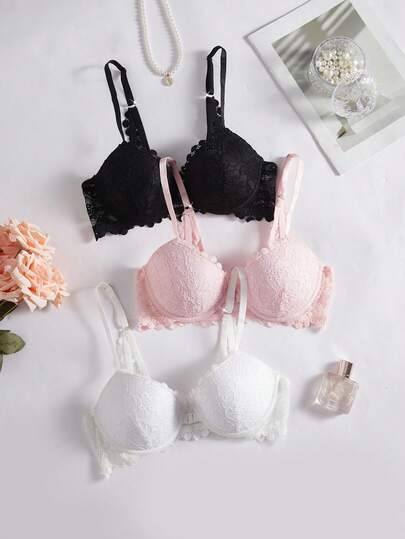 DesireSculpt 3pcs/Set Front Closure Women Lace Bra, Wireless Push Up Bra Lingerie Set Valentine's Day Bralette,Pink Polka Dot,Summer,Wedding Guest Cute Bras