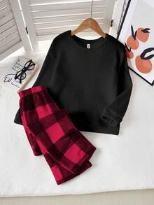 2 件女童格子羊毛长裤和长袖休闲睡衣套装，兄弟姐妹装搭配服装（2 套单独出售） - 黑色 - 查看 4
