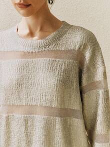 Arave Women's Chenille Fabric, Dropped Shoulder Loose Fit, Patchwork Design, Gold And Silver Plating, Casual Everyday Sweater     Sweater - Apricot - View 1