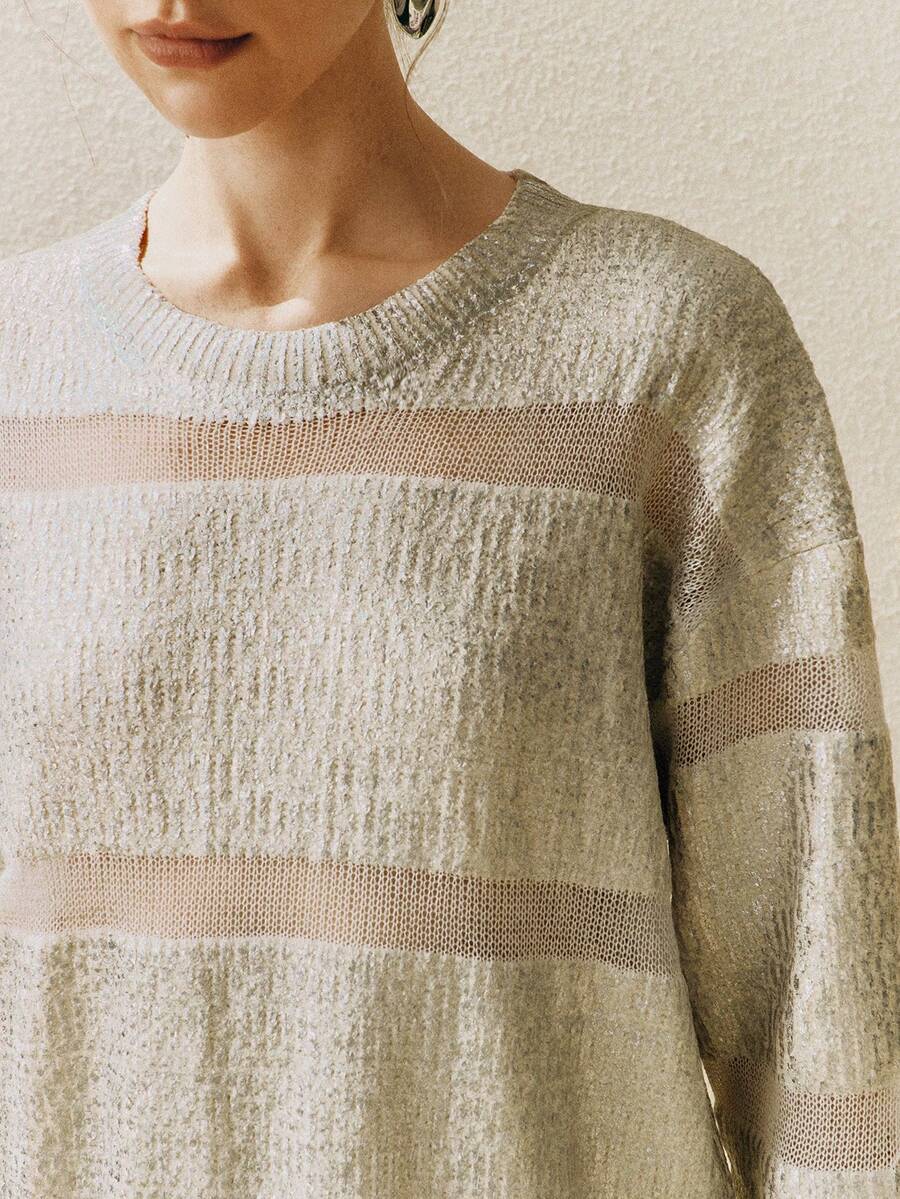 Arave Women's Chenille Fabric, Dropped Shoulder Loose Fit, Patchwork Design, Gold And Silver Plating, Casual Everyday Sweater     Sweater - Apricot - View 1