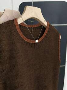Franclia Casual Loose Round Neck Sleeveless Contrast Trim Knit Top For Women, Spring/Autumn Brown - Multicolor - View 5