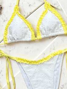 Bonvoyette 女士纯色刺绣网纱荷叶边系带露背比基尼套装，性感可爱沙滩泳衣，春夏款