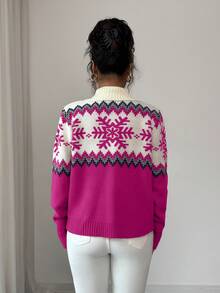 SHEIN Elenzya Elegant Women Sweater, Fair Isle Pattern, Colorblock Zip-Up Sweater, Christmas Pattern, Autumn/Winter Sweater - Hot Pink - View 2