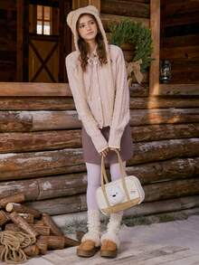 We Bare Bears X SHEIN 1 Túi tote vải nhung chắp vá thời trang màu kaki dung tích lớn - Màu Khaki - Xem 3