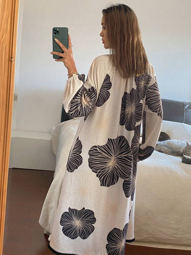 Oversized Floral Print Ruched Drawstring Neck Loose Long Women Nightgown