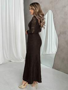 Jemour Gaun Wanita Elegan dengan Detail Renda dan Kerutan - Coklat - View 6