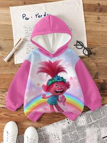 SHEIN Trolls Young Girl Casual Cartoon Pattern Drop Shoulder Thermal Sweatshirt, Autumn Winter - White - View 1