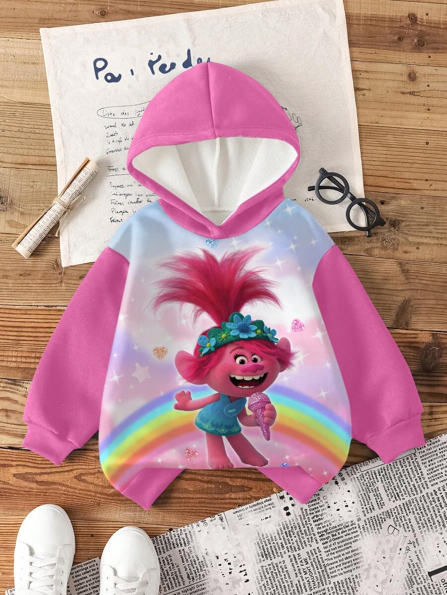 SHEIN Trolls Young Girl Casual Cartoon Pattern Drop Shoulder Thermal Sweatshirt, Autumn Winter - White - View 1
