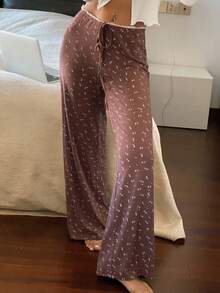 Livesso Ditsy Floral Knit Contrast Trim Waistband Women Pajama Bottoms - Brown - View 6