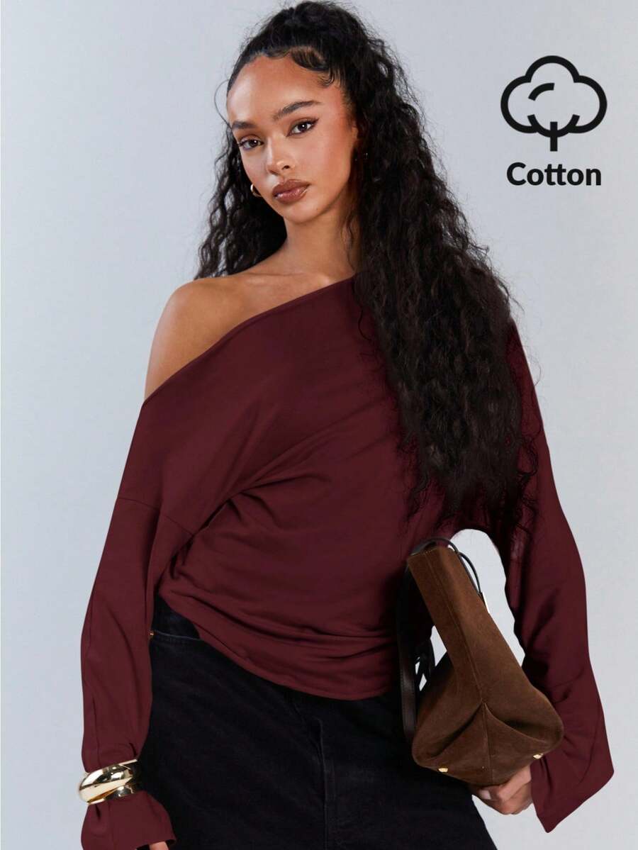 Athîral 女士休闲纯色不对称领抽绳上衣，秋季，复古款上衣，端庄，机场