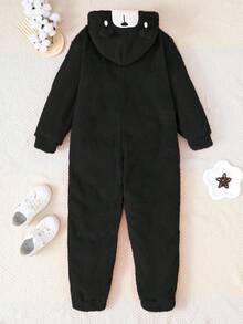 Sparklyn 少女休闲可爱卡通熊刺绣3D耳朵连帽拉链毛绒连体衣，秋冬款 - 黑與白 - 查看 2