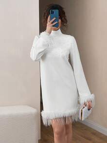 CLARA VERO Women All White Rhinestone Detailed Long Sleeve Feather Detailed Dress - White - View 3