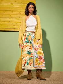 Felipe Marques Women's Floral Patchwork Contrast Color Loose Skirt, Casual For Holiday, Party, Autumn/Winter/Spring - Apricot - View 1