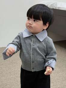 DAZY Toddler Boys' Striped Patchwork Long Sleeve Cardigan, Autumn/Winter - Grey - View 4