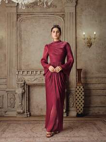 Anewsta Women's Long Pleated Bodycon Dress, Round Neck, Flared Long Sleeve, Glossy Wine Red, Elegant & Versatile For Party & Evening Wear - Burgundy - View 3