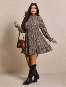 Elaquor Plus Size Casual Ditsy Floral Stand Collar Dress, Autumn Plus Size Boho Dress Ditsy Floral Dress Plus Size Winter Dresses, Casual Outfits For Women - Multicolor - View 4