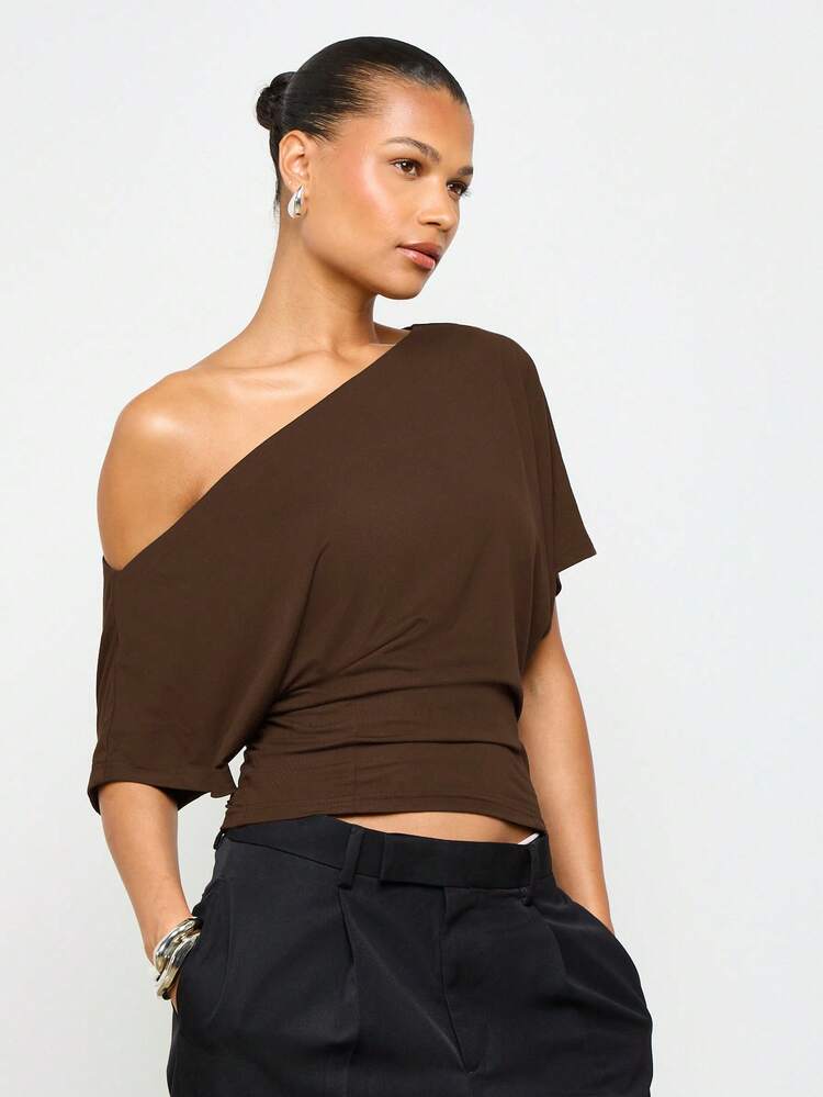 Off Shoulder Fitted Waist T-Shirt With Ruched Detail