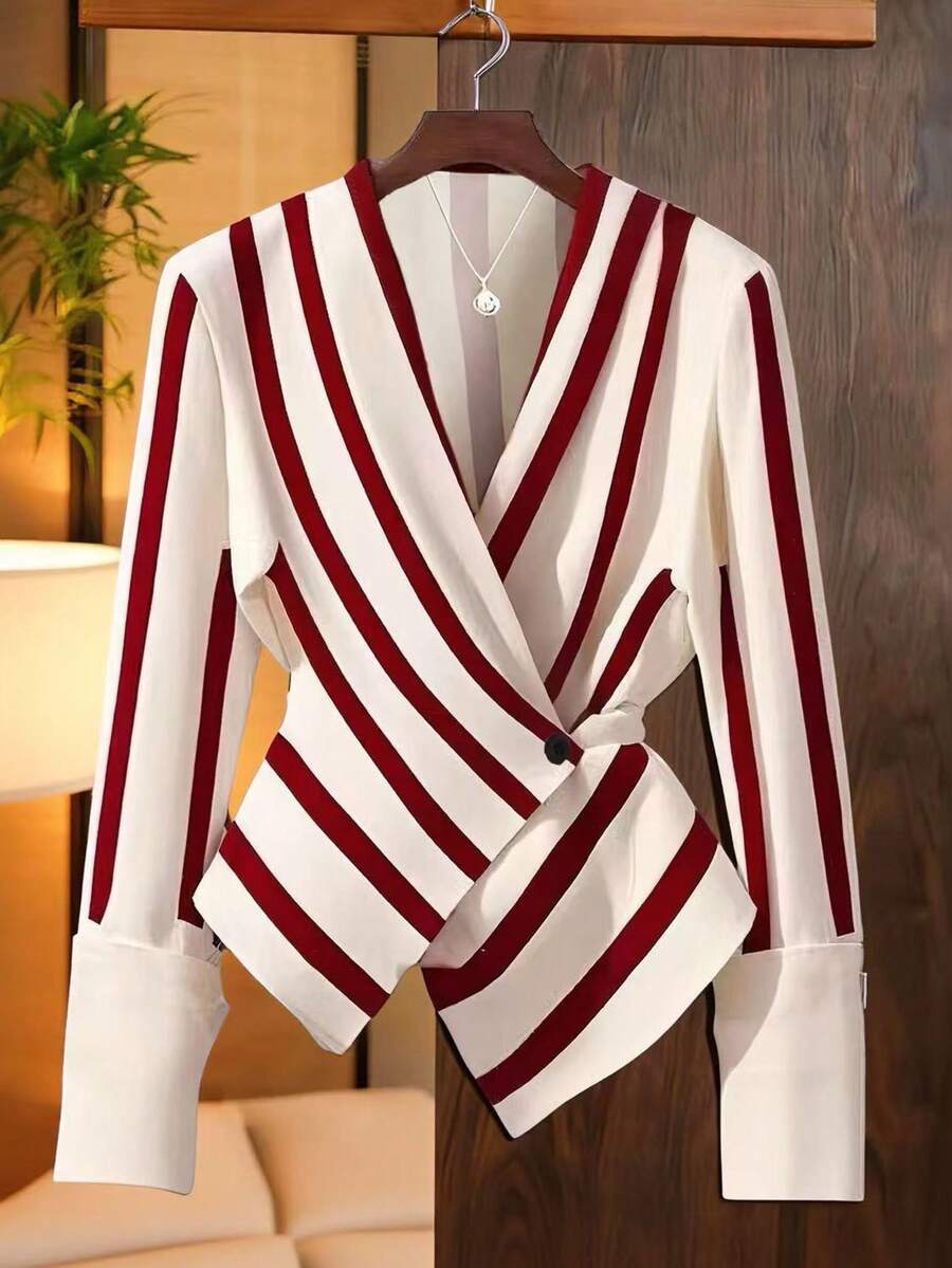 Franclia Elegant Women Striped V Neck Blouse Regular Length Fabric With Extra-Long Sleeve Design - Multicolor - View 1