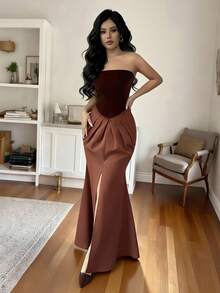 SHEIN Elenzya Khăn choàng ren nhung màu đỏ tía cổ điển dành cho nữ với viền đuôi cá chữ A, thích hợp mặc hàng ngày, đám cưới, dạ hội, đi làm, tiệc tốt nghiệp, ngày lễ, hẹn hò, tiệc tùng, Halloween, Giáng sinh, năm mới, lễ Tạ ơn - Váy dài vừa phải - màu nâu - Xem 7