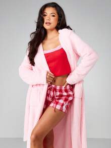 Missguided x Playboy Luxurious Fleece Hooded Maxi Dressing Gown Robe With Belt Long Sleeve Cozy Winter Loungewear Spa Bath Robe - Pink - View 3