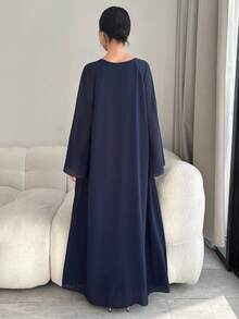Al Najma 女士纯色仿珍珠装饰褶皱宽松优雅阿拉伯风格连衣裙 - 藏蓝色 - 查看 6