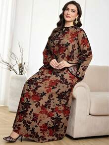 Al Najma 大码女式印花系领长袖宽松阿拉伯风格连衣裙 - 紅色 - 查看 6