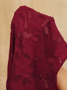 Anewsta 大码女式优雅拼接提花领荷叶边长袖衬衫上衣，适合度假和新年穿着 - 酒紅色 - 查看 8