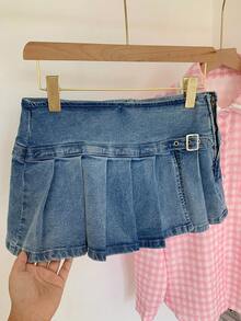 Comfortcana 女士休闲搭扣褶裥牛仔开衩裙裤 - 藍色 - 查看 4