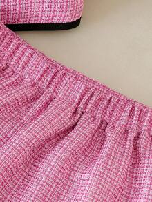 Elladie kids 女童两件套：格子印花圆领短袖外套，饰有珍珠纽扣和蝴蝶结，搭配粉色百褶裙，适合派对、聚会、生日、公主风、夏季等场合。 - 粉色 - 查看 5