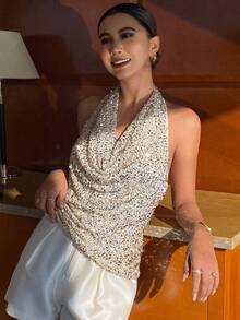 Livesso Backless Sequin Draped Neck Party Top For Women New Year Christmas Glitter Top Carnival - Apricot - View 4