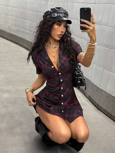 StreetHx Plaid Patchwork Mini Sexy Dress, Punk Rock Style For Daily Wear