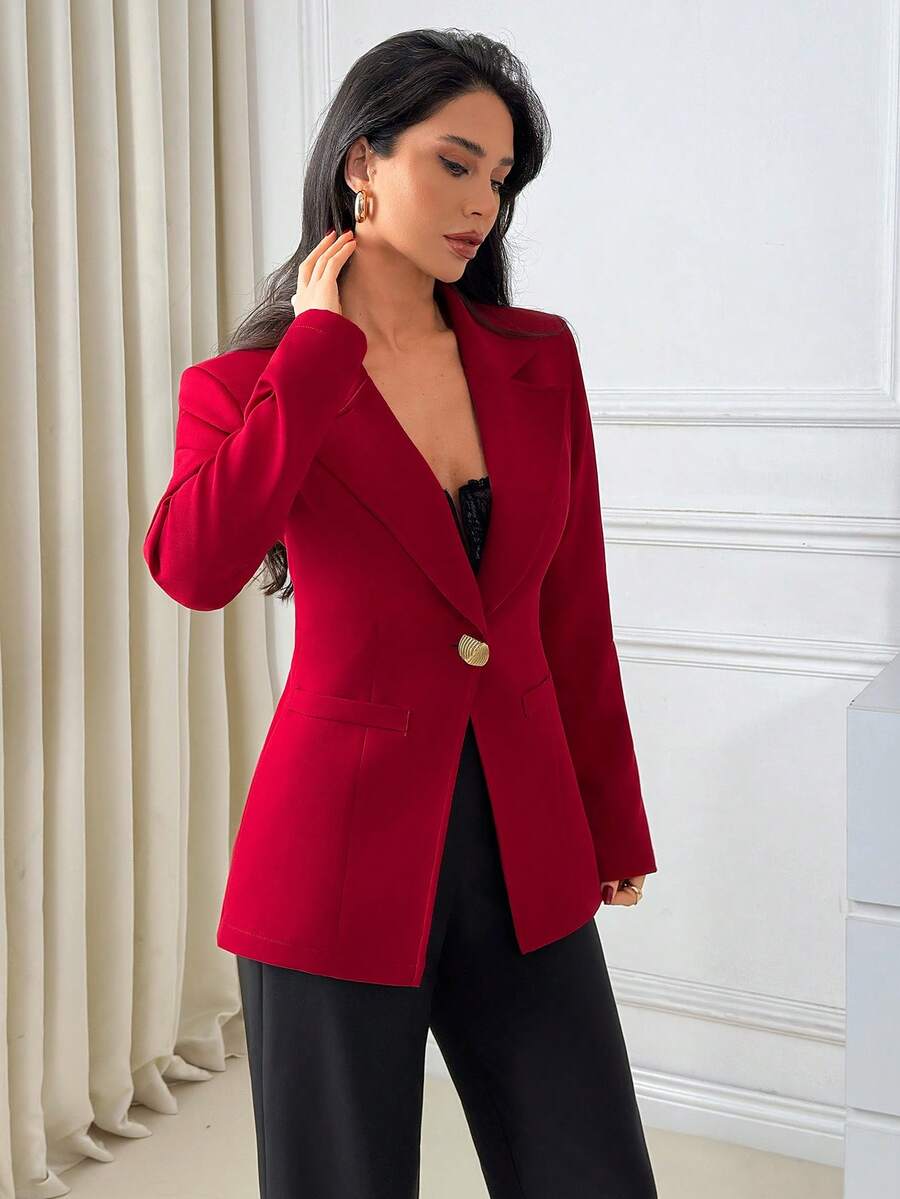 EURMUSE Áo khoác blazer nữ đơn giản, cổ khoét, màu trơn, cài khuy đơn - Màu Đỏ Sâu - Xem 1