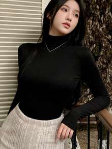 FRIFUL Damen einfarbiges minimalistisches Rollkragen Langarm Fleece T-Shirt, Alltagskleidung - Schwarz - Übersicht 2